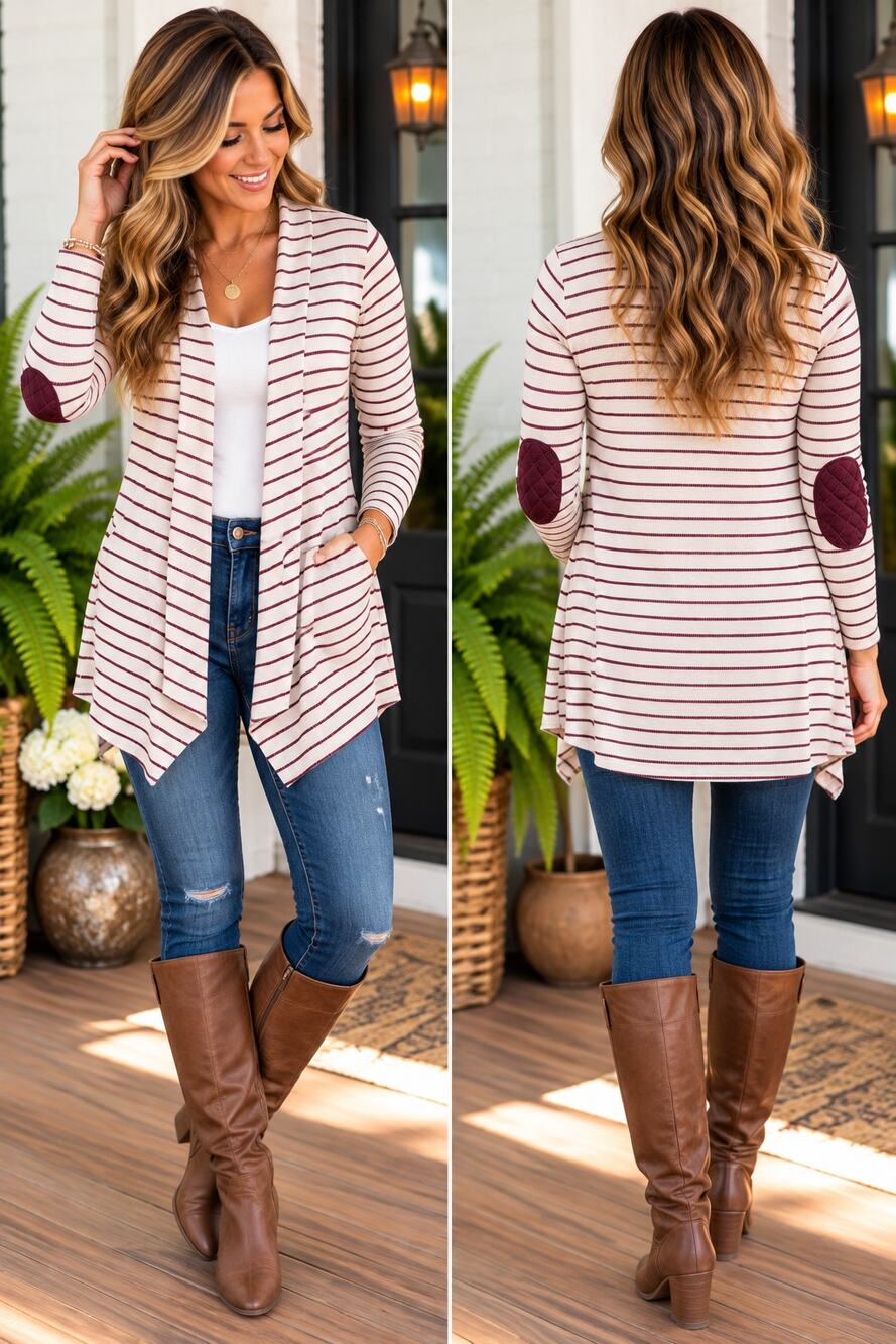 Le Lis Striped Open Front Cardigan Burgundy Cream Elbow Patch Sweater Size Small